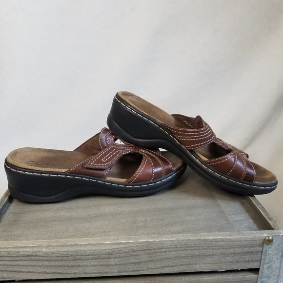 Clarks Bendables Brown Leather 8.5 Open Toe Comfort Slide Wedge Sandals - Picture 5 of 12